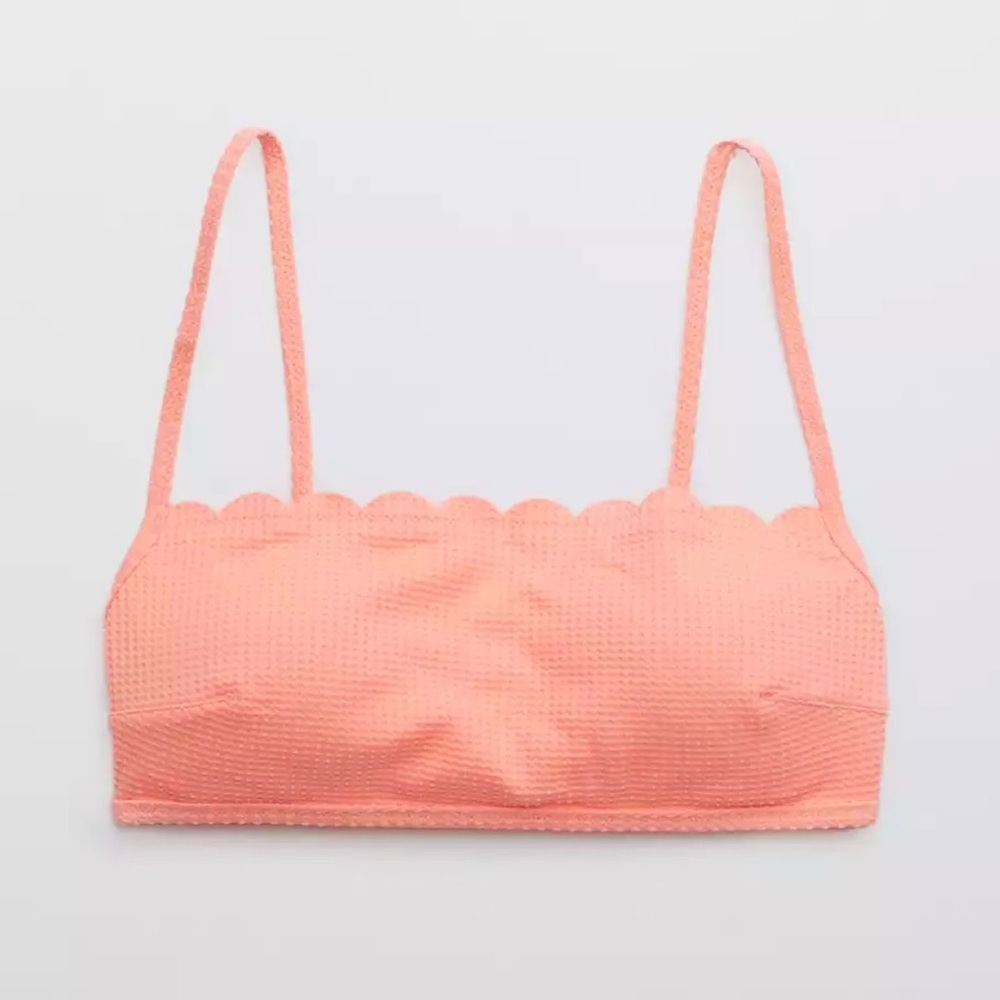 New Aerie Waffle Fabric Bandeau Bikini Swim Top Scalloped Haute Coral - Picture 2 of 6